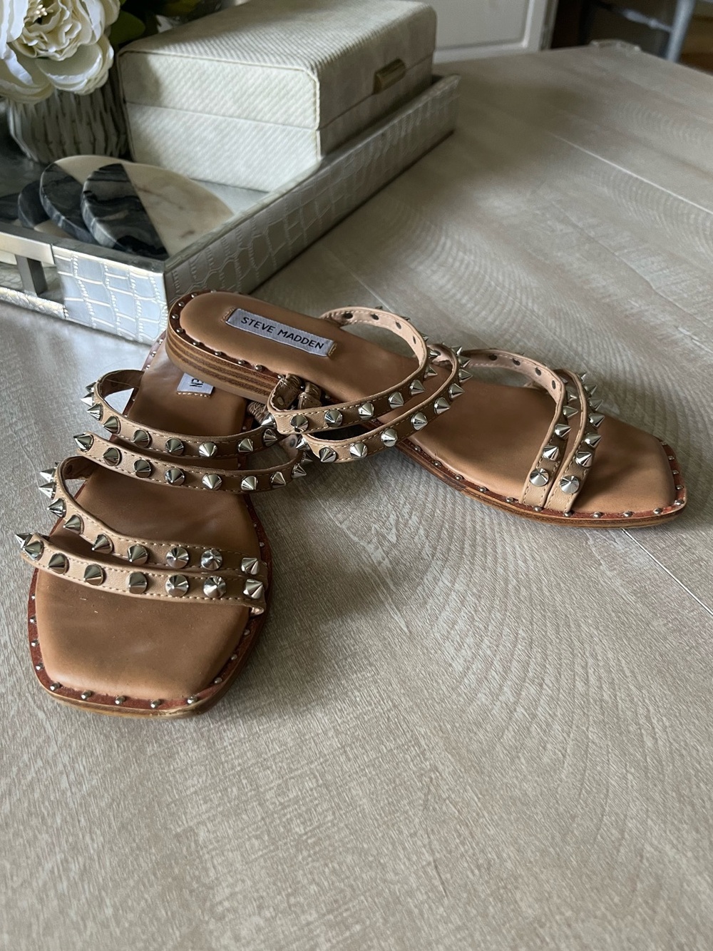 Steve Madden Tan Studded Triple-Strap Slide Sandals